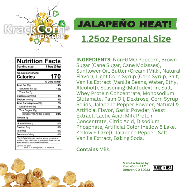 KrackCorn® Popcorn 1.25oz Jalapeno Heat Snack Size - 12 pack