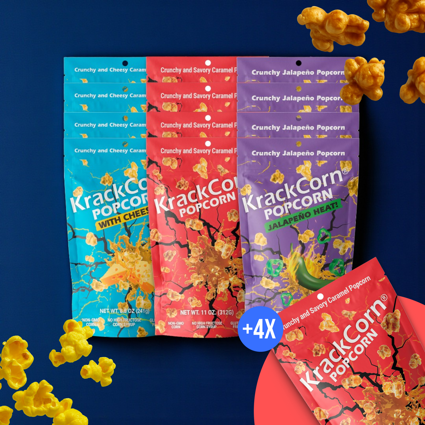 The Party Bonus! KrackCorn® Popcorn 3-Flavors + 4 FREE bags!