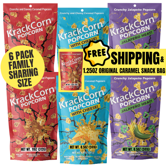 KrackCorn® Popcorn 3 Flavor Sharing Size 6-pack + FREE BAG & FREE SHIPPING!